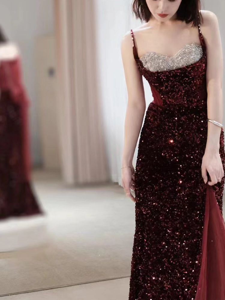 Bridal Fishtail Wine Red Sling Wedding Dress