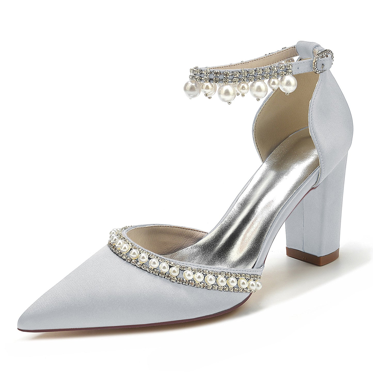 Pointed Toe Rhinestone Block Heel Satin Crystal Chain Pumps