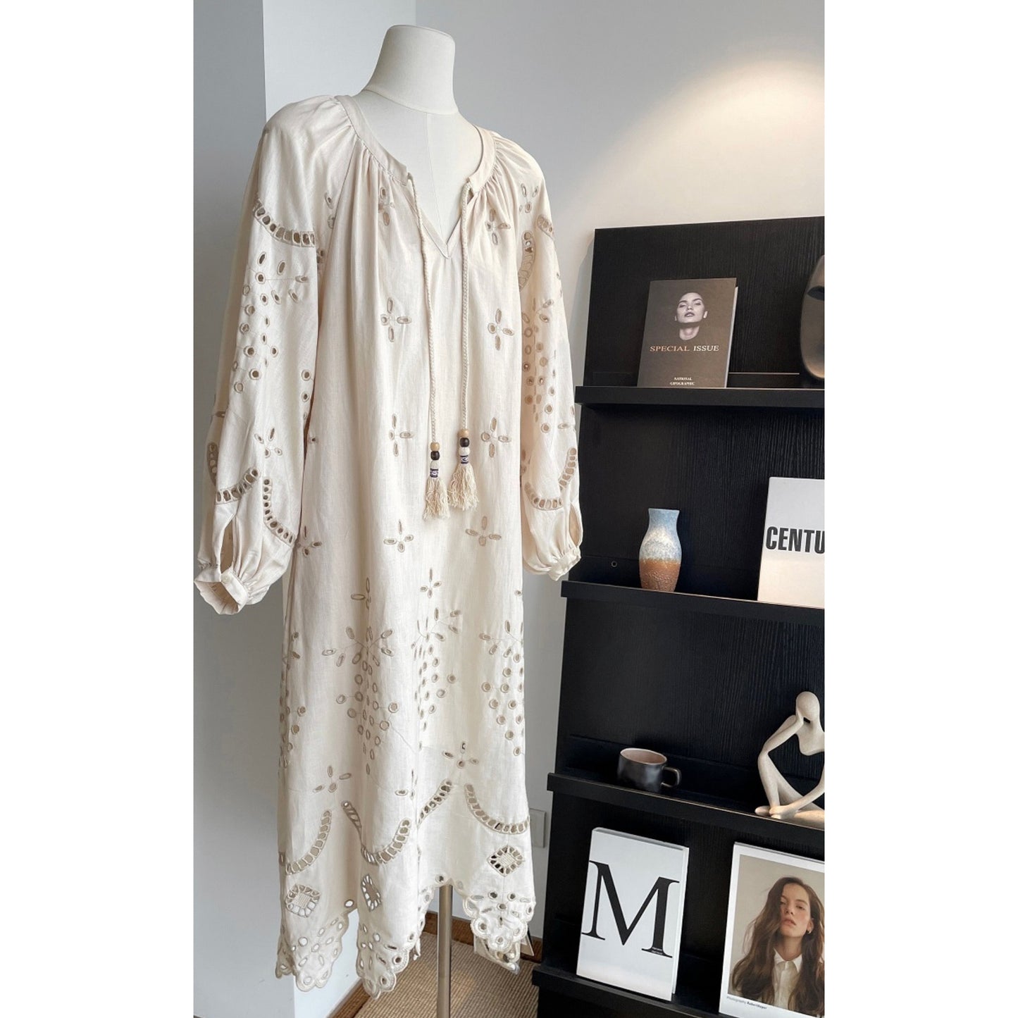 Retro Ethnic Travel Holiday Embroidered Long Dress, Hollow White Embroidered Dress, Linen V-neck Dress, Cotton Summer Cloth, Boho Maxi Dress (China)