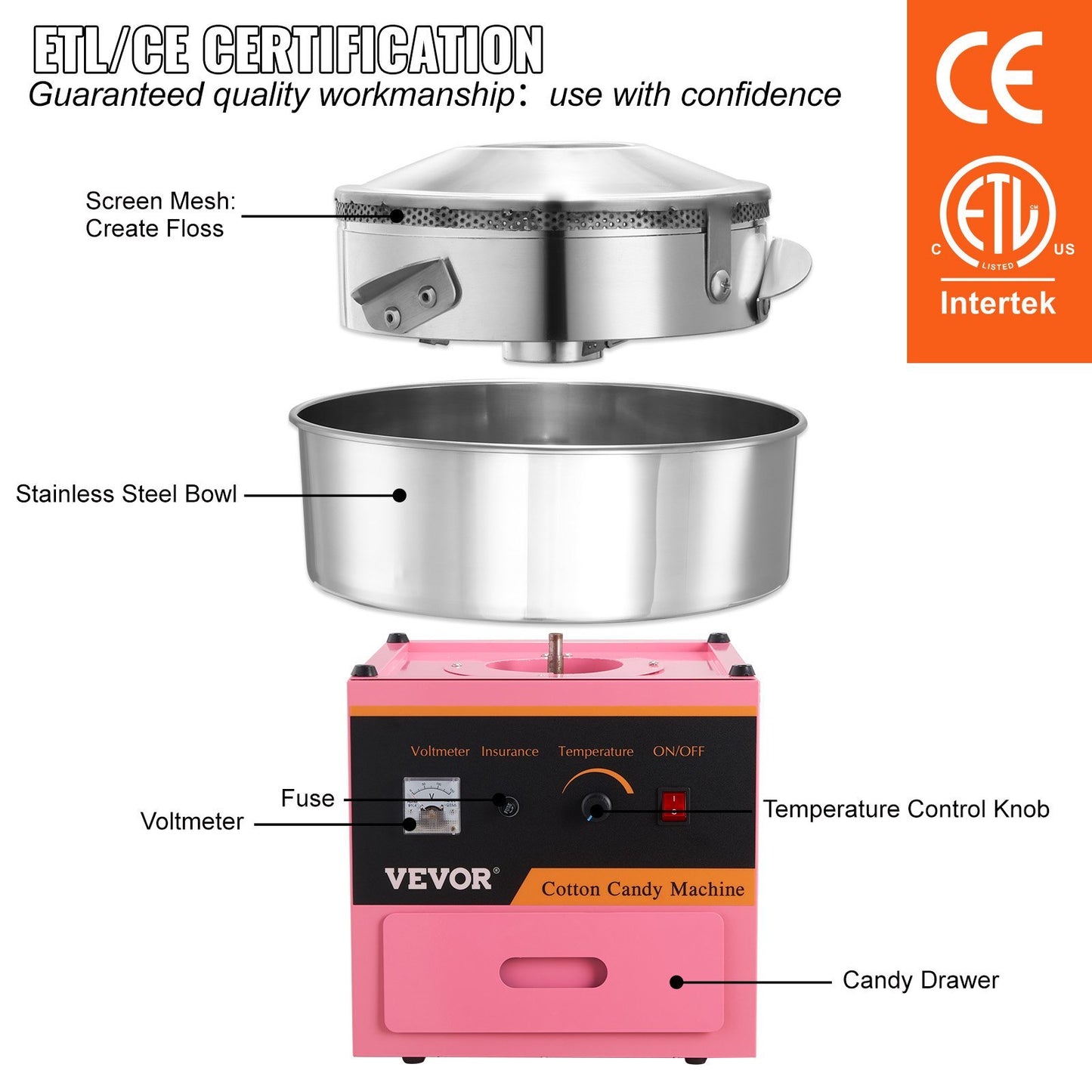 VEVOR Electric Cotton Candy Machine, 1000W Candy Floss Maker, Commercial Cotton Candy Machine With Stainless Steel Bowl, Sugar Scoop, And Drawer, Perfect For Home Kids Birthday, Family Party Pink