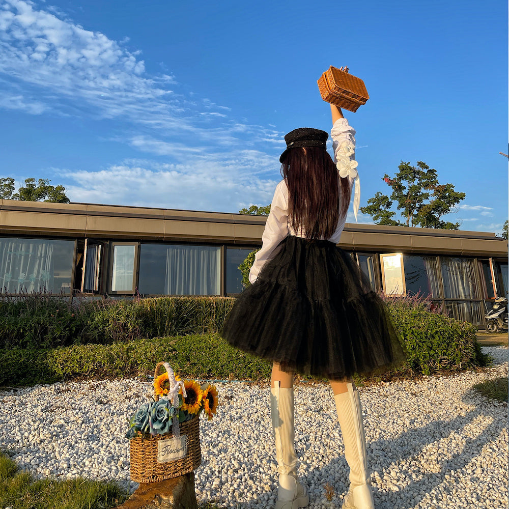 Black Tulle-Layered High-Waist A-Line Skirt, Women's Tutu Skirt Mesh Splicing Skirt Multi-layer Cake A-line Pleated Skirt Fairy Skirt (China)