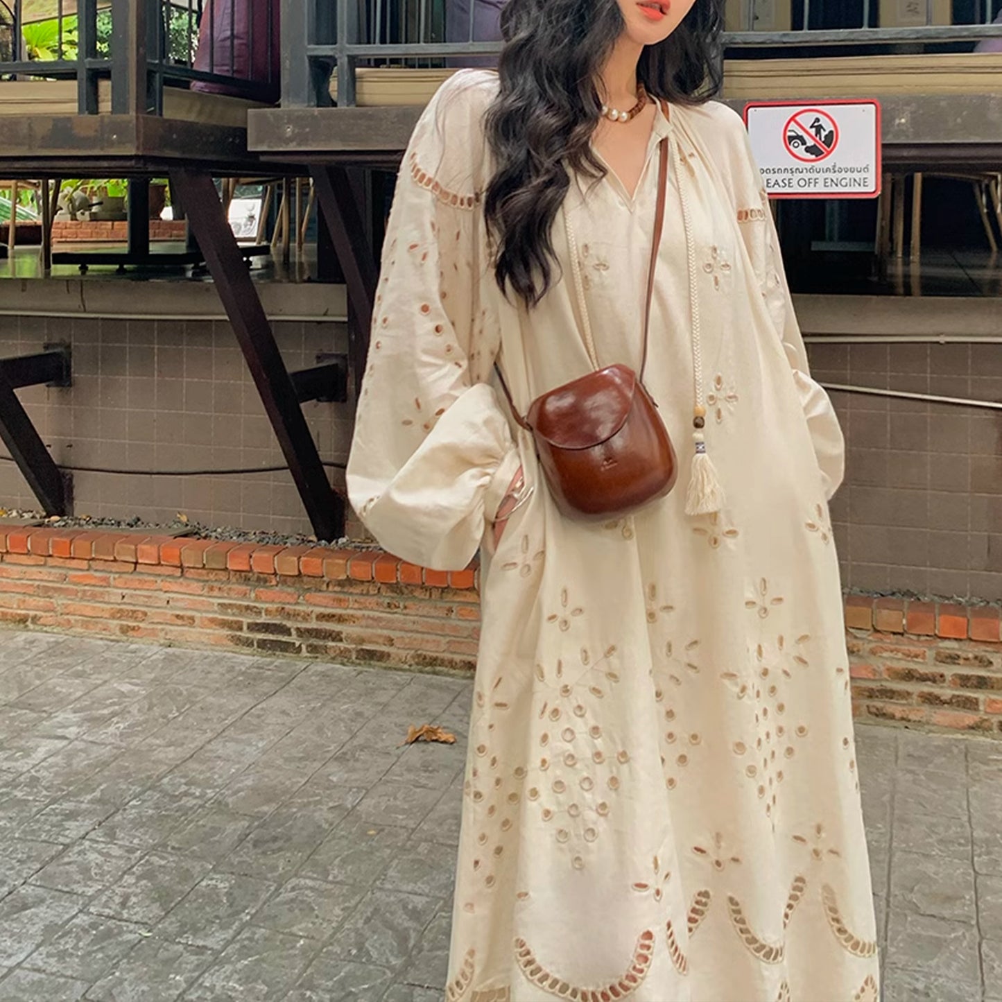 Retro Ethnic Travel Holiday Embroidered Long Dress, Hollow White Embroidered Dress, Linen V-neck Dress, Cotton Summer Cloth, Boho Maxi Dress (China)