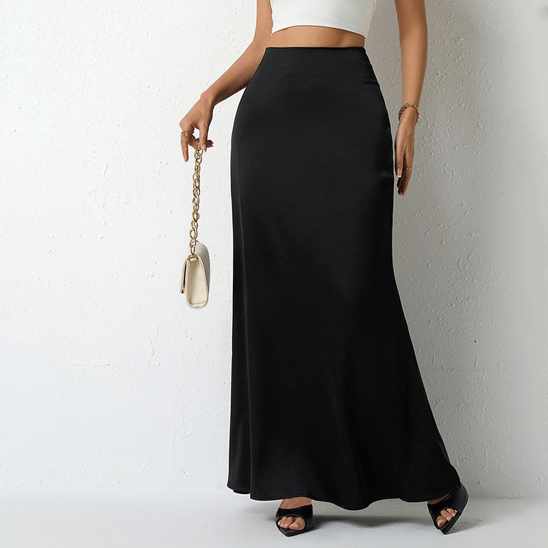 Women's Elegant Satin High Waist Flared Midi Skirt Cocktail Party Wedding Long Skirt