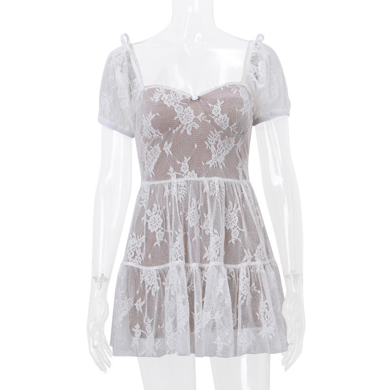 Mesh Cinched Puff Sleeve Short Sleeve Dress