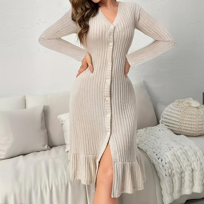 Women's V-Neck Bodycon Midi Dress - 2025 Spring Fall Long Sleeve Button Down Elegant Dress