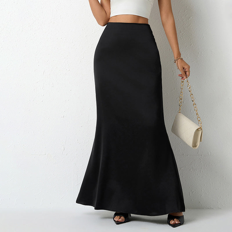 Women's Elegant Satin High Waist Flared Midi Skirt Cocktail Party Wedding Long Skirt