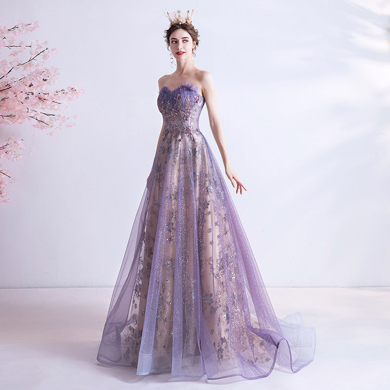 Strapless Purple Sequin Starry Dress