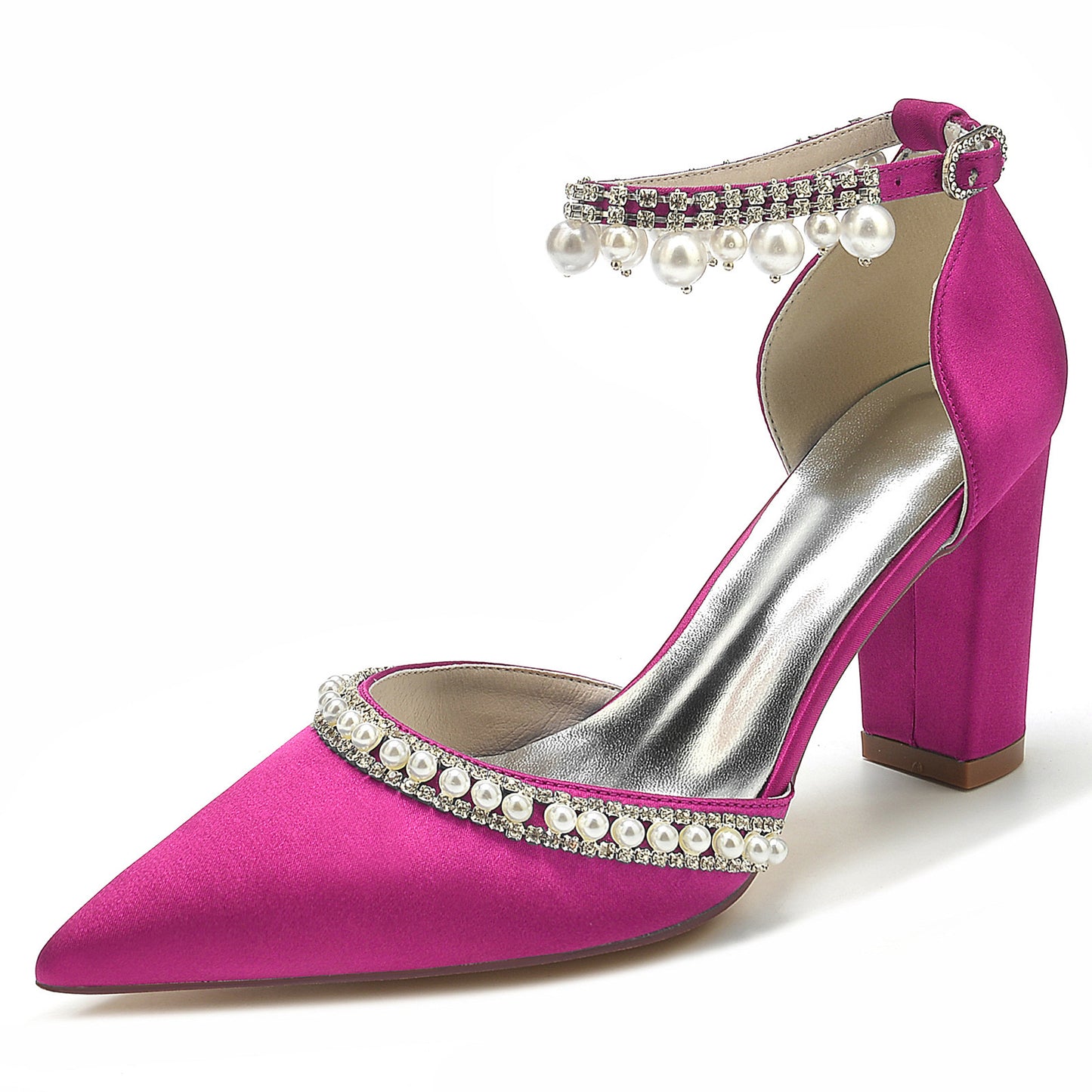 Pointed Toe Rhinestone Block Heel Satin Crystal Chain Pumps