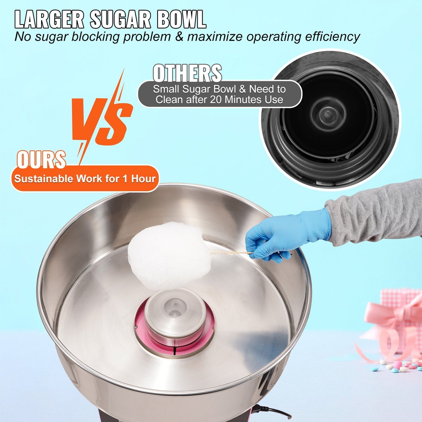 VEVOR Electric Cotton Candy Machine, 1000W Candy Floss Maker, Commercial Cotton Candy Machine With Stainless Steel Bowl, Sugar Scoop, And Drawer, Perfect For Home Kids Birthday, Family Party Pink