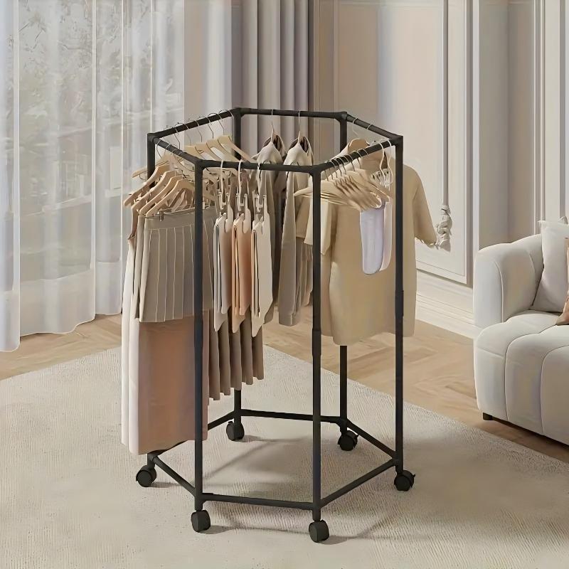 Space-saving Hexagonal Metal Clothes Hanger. Sturdy And Freestanding. Multi-arm Design. Suitable For Bedrooms, Dormitories, And Balconies. Holds A Wide Range Of Clothing. Elegant Metal Frame.