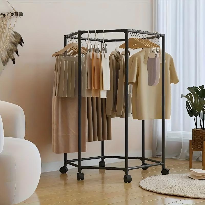 Space-saving Hexagonal Metal Clothes Hanger. Sturdy And Freestanding. Multi-arm Design. Suitable For Bedrooms, Dormitories, And Balconies. Holds A Wide Range Of Clothing. Elegant Metal Frame.