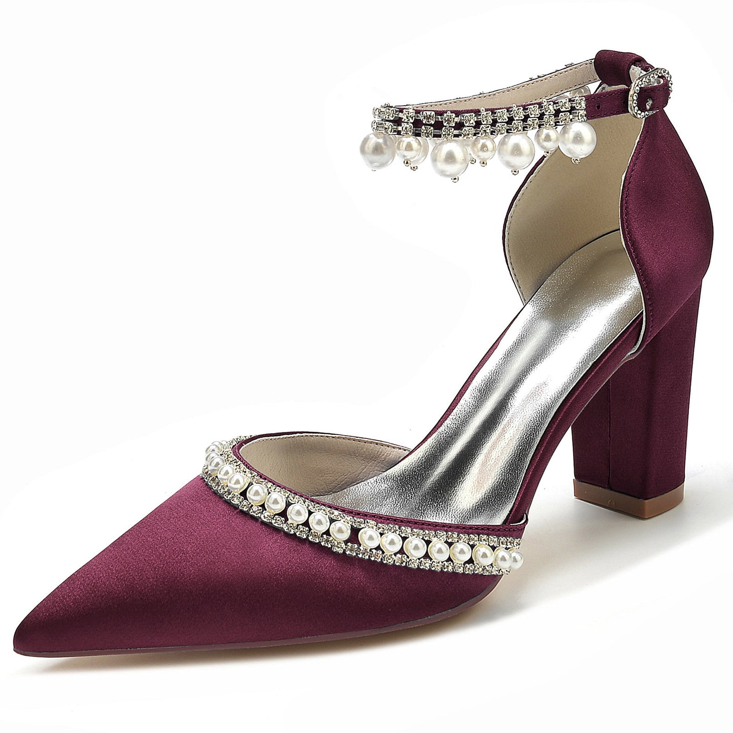 Pointed Toe Rhinestone Block Heel Satin Crystal Chain Pumps