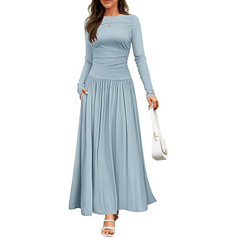 Women's Elegant Ruffle Detail Dress, Solid Color Round Neck Long Sleeve Knit Dress With Pockets