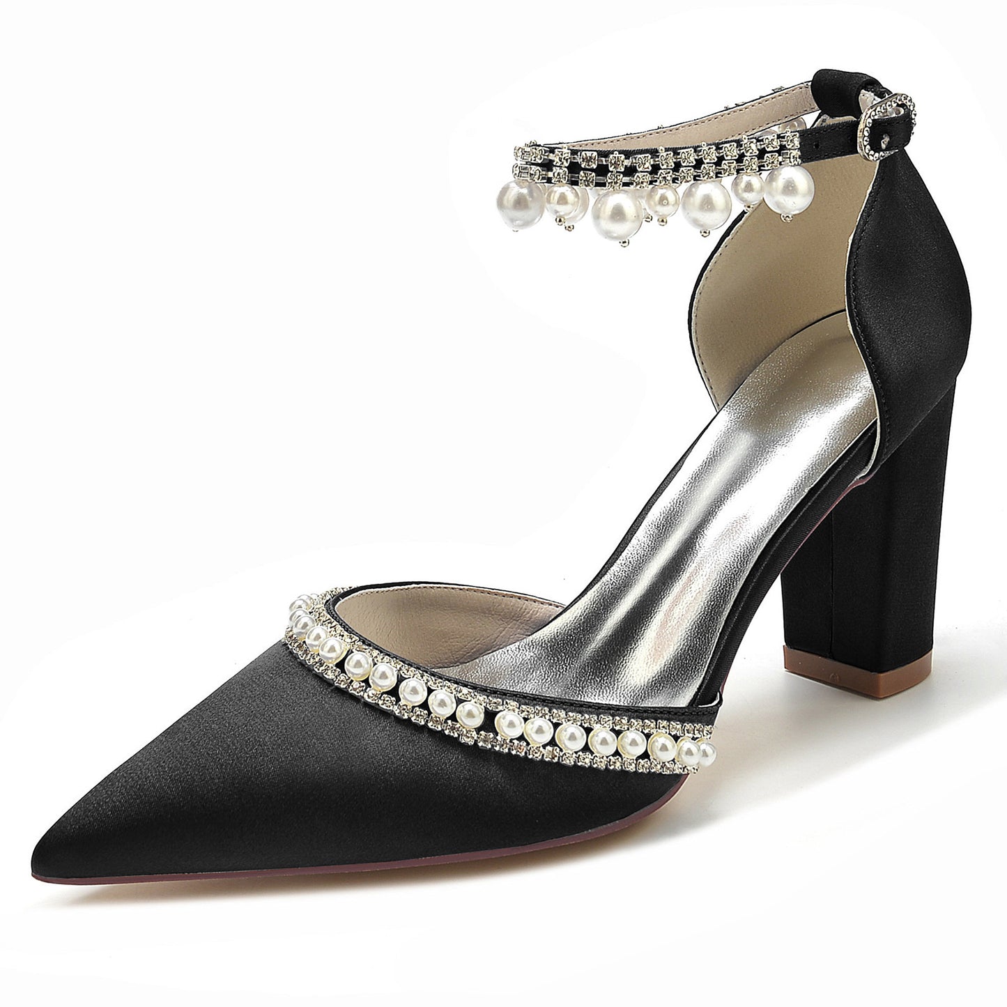 Pointed Toe Rhinestone Block Heel Satin Crystal Chain Pumps