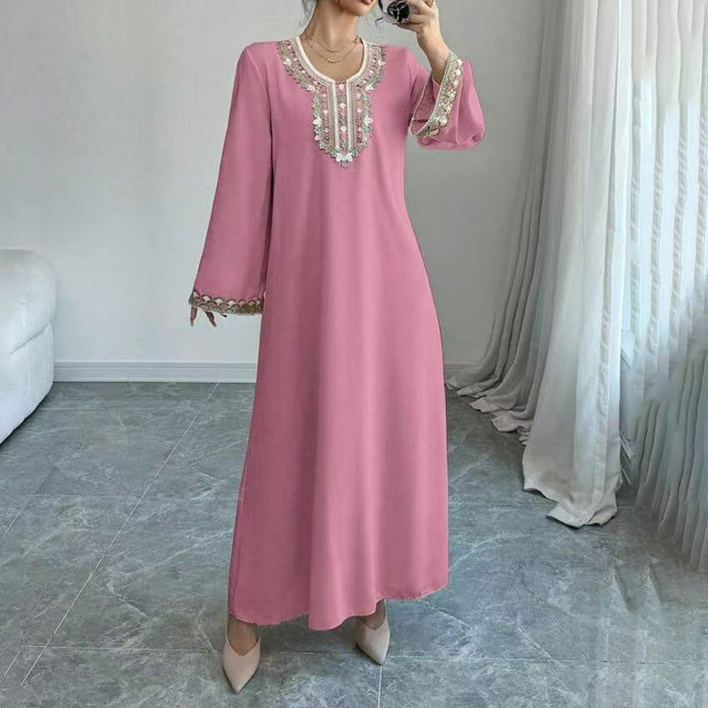 Women's Middle Eastern Embroidered Maxi Dress - Round Neck Long Sleeve Flowy Kaftan With Exquisite Embroidery, Loose Fit