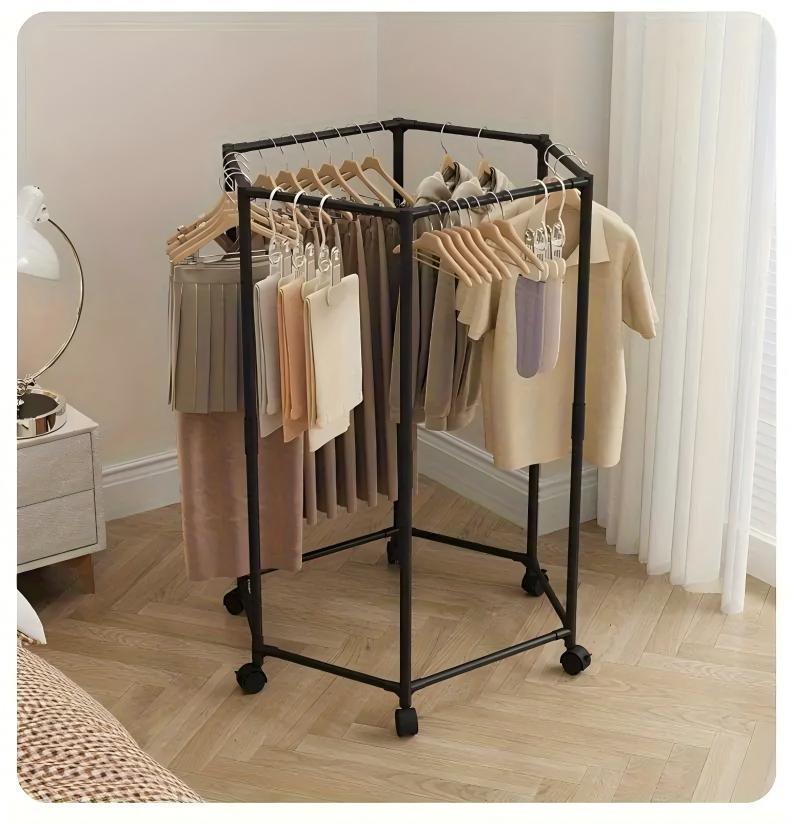 Space-saving Hexagonal Metal Clothes Hanger. Sturdy And Freestanding. Multi-arm Design. Suitable For Bedrooms, Dormitories, And Balconies. Holds A Wide Range Of Clothing. Elegant Metal Frame.
