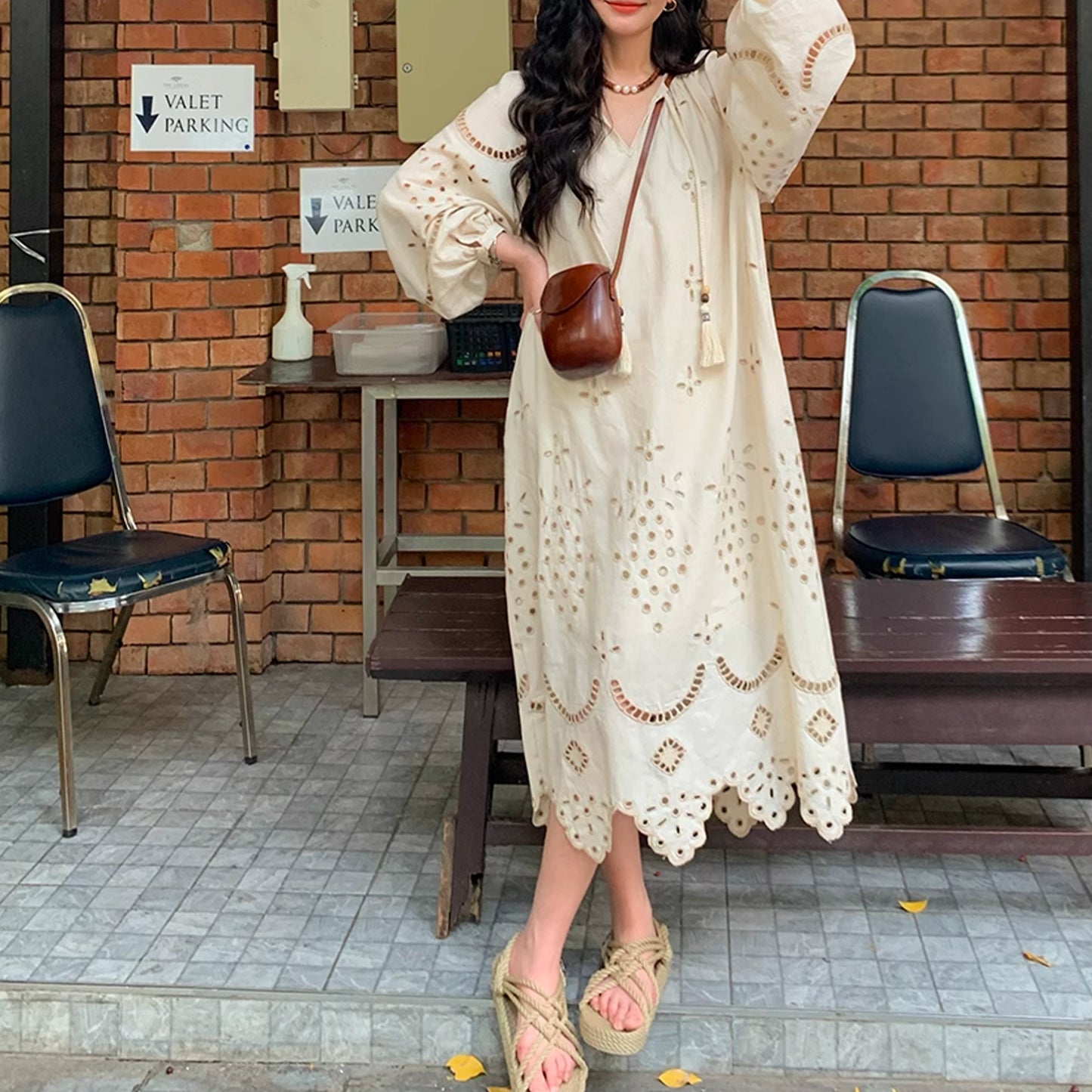 Retro Ethnic Travel Holiday Embroidered Long Dress, Hollow White Embroidered Dress, Linen V-neck Dress, Cotton Summer Cloth, Boho Maxi Dress (China)