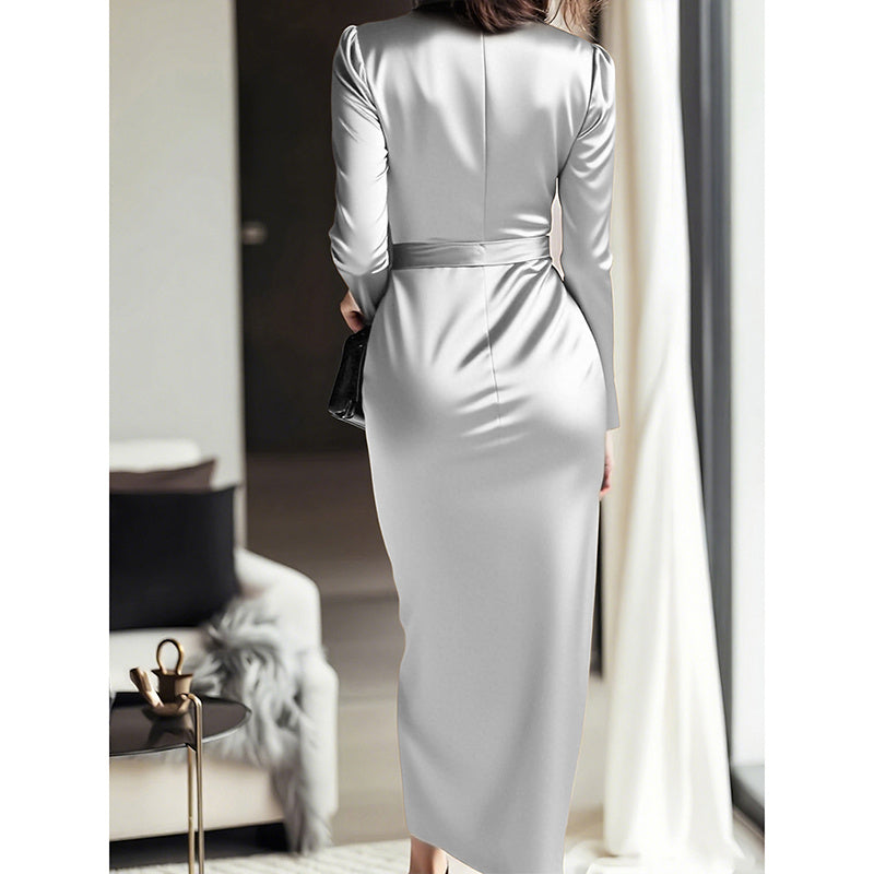 Women's Burgundy Satin Midi Dress Elegant V-Neck Long Sleeve Bodycon Dress With Belted Waist