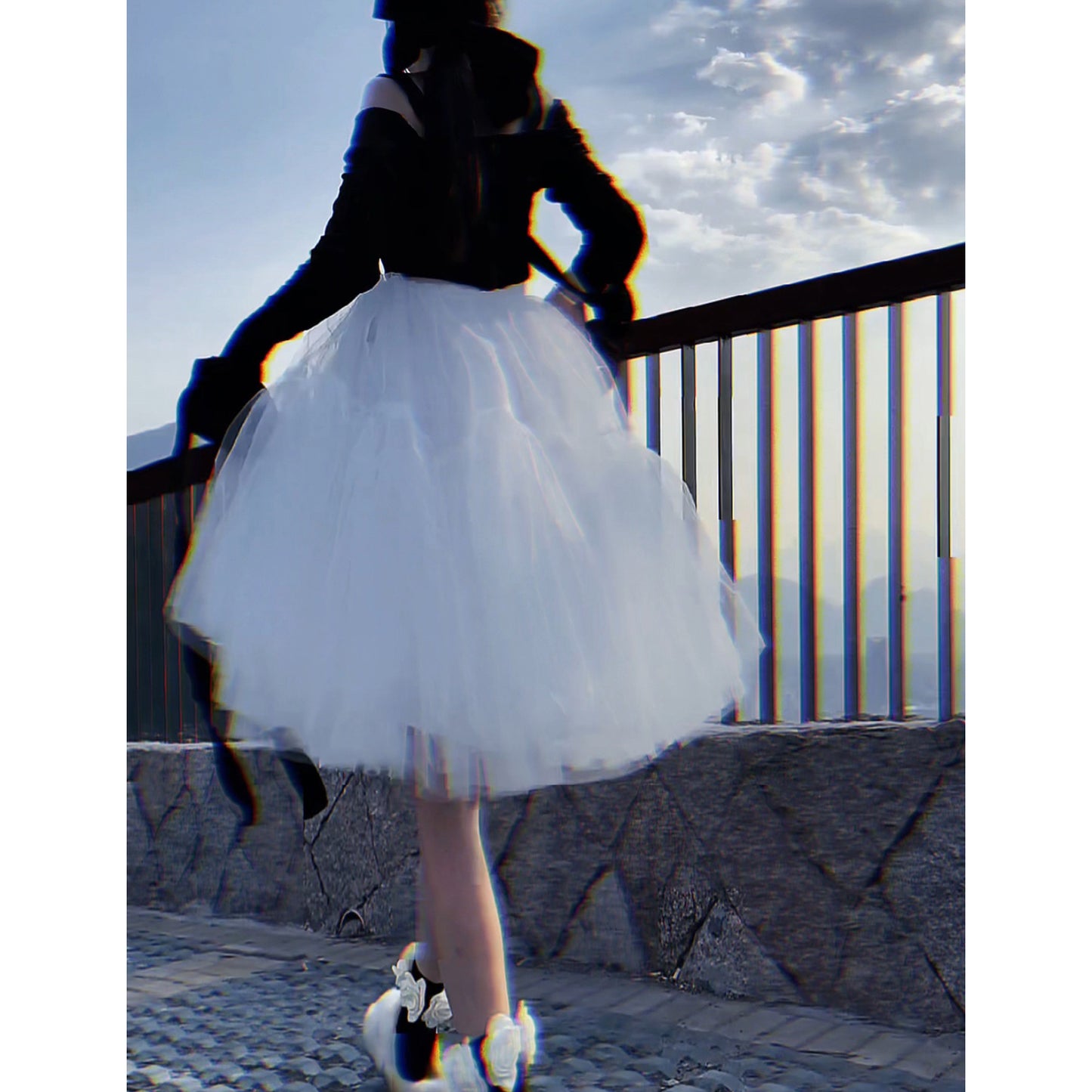 Black Tulle-Layered High-Waist A-Line Skirt, Women's Tutu Skirt Mesh Splicing Skirt Multi-layer Cake A-line Pleated Skirt Fairy Skirt (China)
