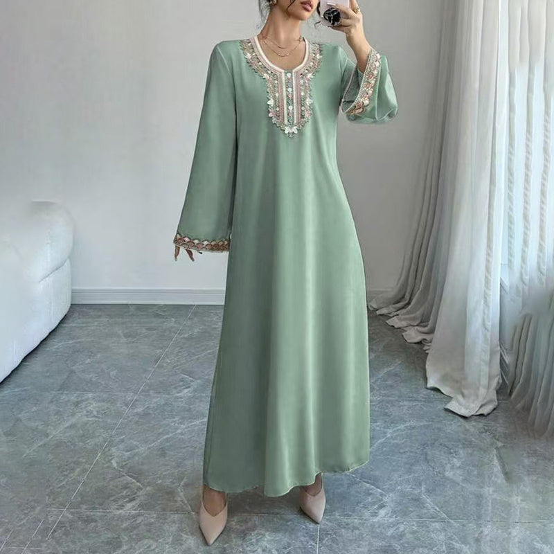 Women's Middle Eastern Embroidered Maxi Dress - Round Neck Long Sleeve Flowy Kaftan With Exquisite Embroidery, Loose Fit