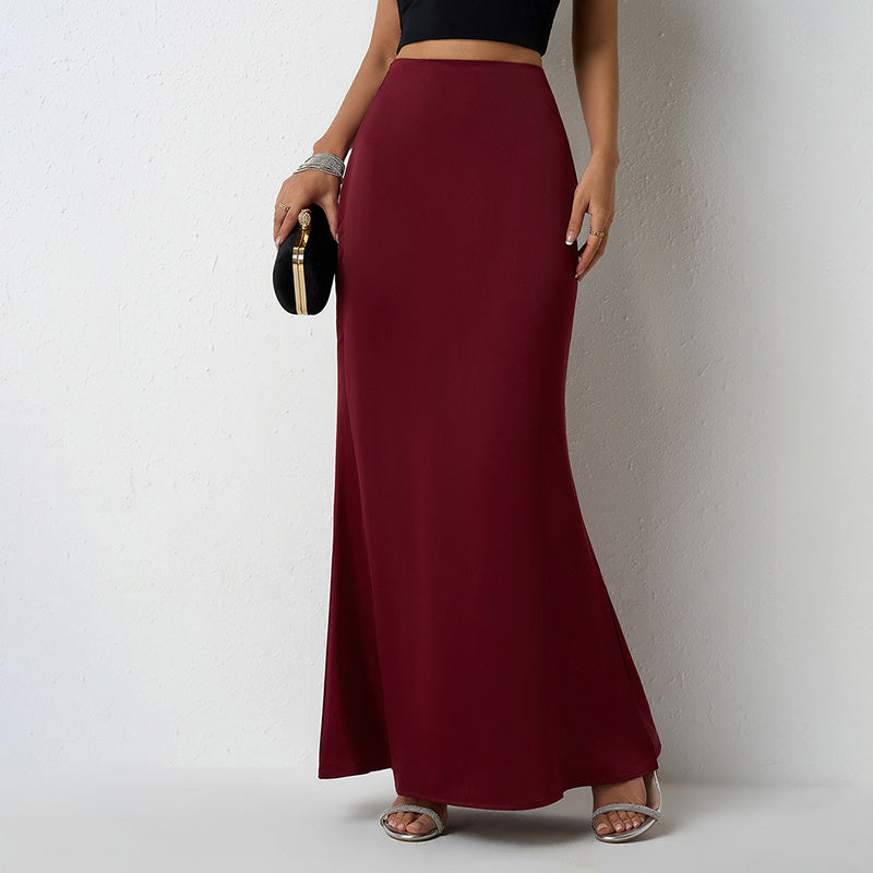 Women's Elegant Satin High Waist Flared Midi Skirt Cocktail Party Wedding Long Skirt