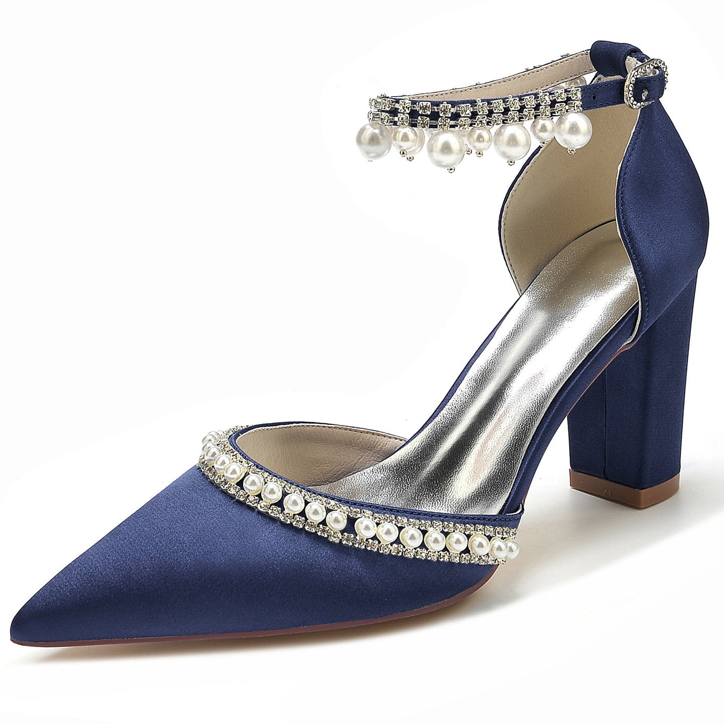 Pointed Toe Rhinestone Block Heel Satin Crystal Chain Pumps