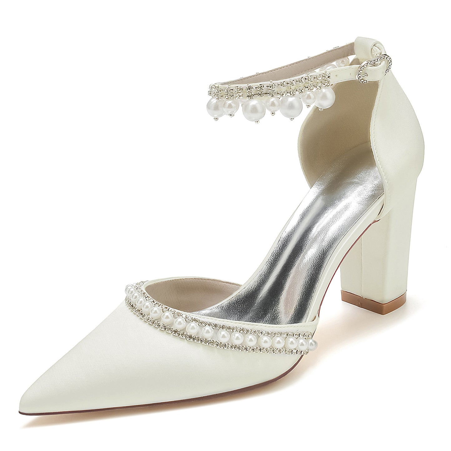 Pointed Toe Rhinestone Block Heel Satin Crystal Chain Pumps