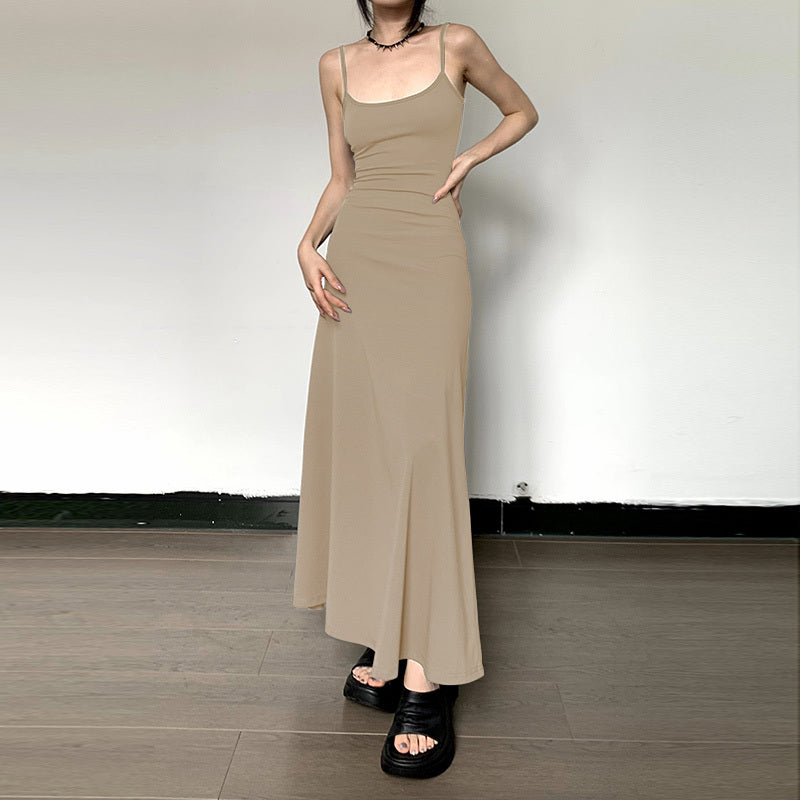 High-Waist Slimming Strap Dress, Solid Color Casual A-Line Knee-Length For Women (China)