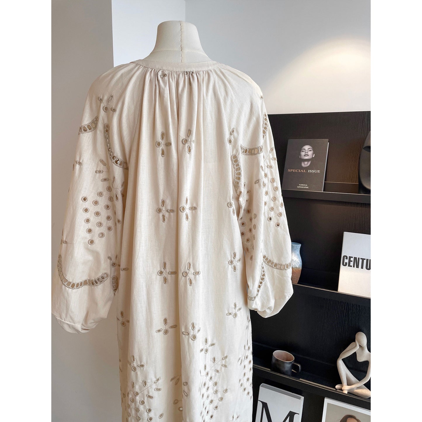 Retro Ethnic Travel Holiday Embroidered Long Dress, Hollow White Embroidered Dress, Linen V-neck Dress, Cotton Summer Cloth, Boho Maxi Dress (China)