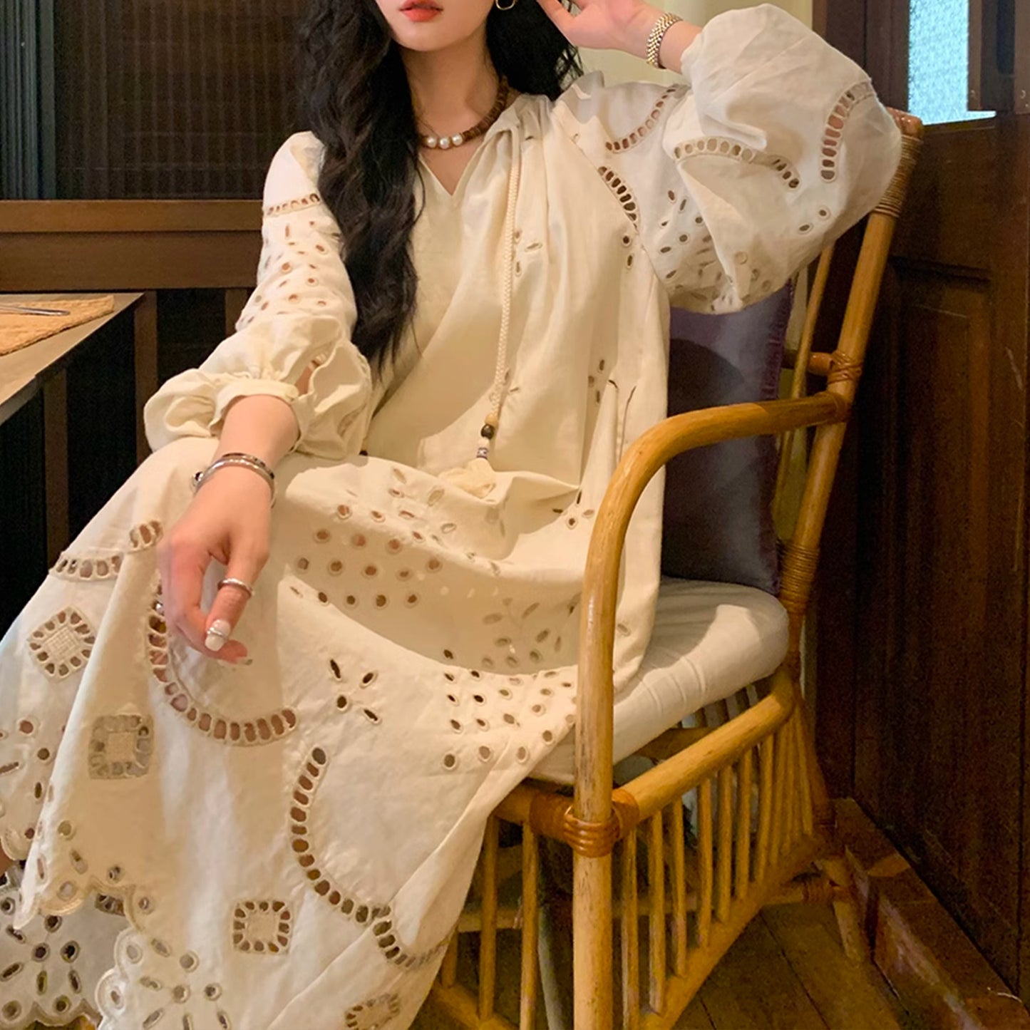 Retro Ethnic Travel Holiday Embroidered Long Dress, Hollow White Embroidered Dress, Linen V-neck Dress, Cotton Summer Cloth, Boho Maxi Dress (China)