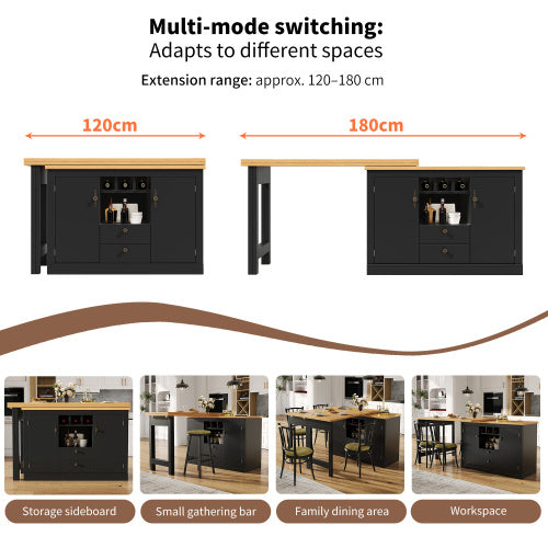 360 Rotation, Bar Table Main Body 120-180 X 40 X 76 Cm, Coffee Bar Furniture, Rotatable Dining Bar With Storage, Kitchen Island, Double Doors With Wine Rack, Adjustable Shelves, Open Storage Space