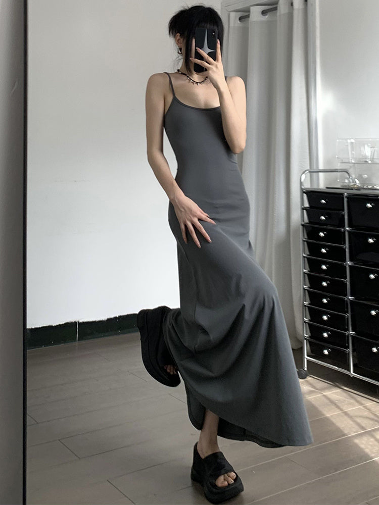 High-Waist Slimming Strap Dress, Solid Color Casual A-Line Knee-Length For Women (China)