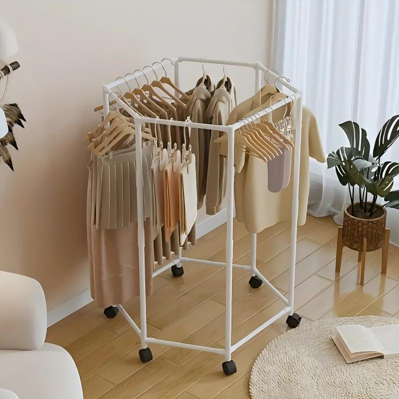 Space-saving Hexagonal Metal Clothes Hanger. Sturdy And Freestanding. Multi-arm Design. Suitable For Bedrooms, Dormitories, And Balconies. Holds A Wide Range Of Clothing. Elegant Metal Frame.