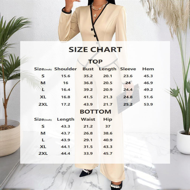 Women's Two-Piece V-Neck Long Sleeve Blouse With Contrast Trim & Straight Leg Wide Pants Set - Office Wear Suit For Spring&Fall