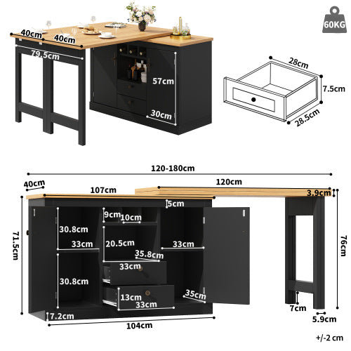 360 Rotation, Bar Table Main Body 120-180 X 40 X 76 Cm, Coffee Bar Furniture, Rotatable Dining Bar With Storage, Kitchen Island, Double Doors With Wine Rack, Adjustable Shelves, Open Storage Space