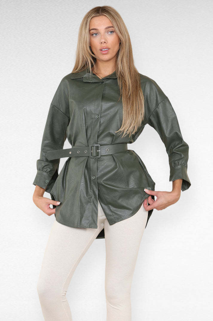 PU Faux Leather Belted Wet Look Shirt Dress (Britain)
