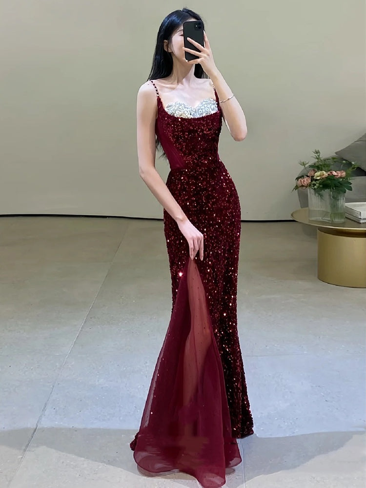 Bridal Fishtail Wine Red Sling Wedding Dress