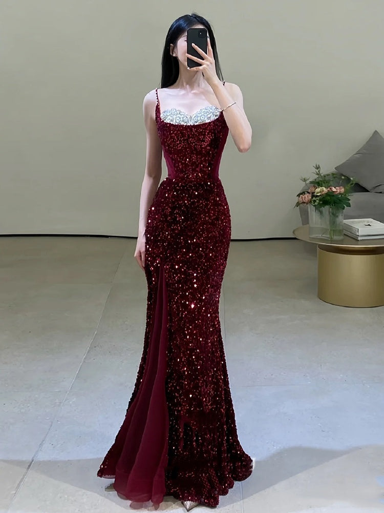 Bridal Fishtail Wine Red Sling Wedding Dress
