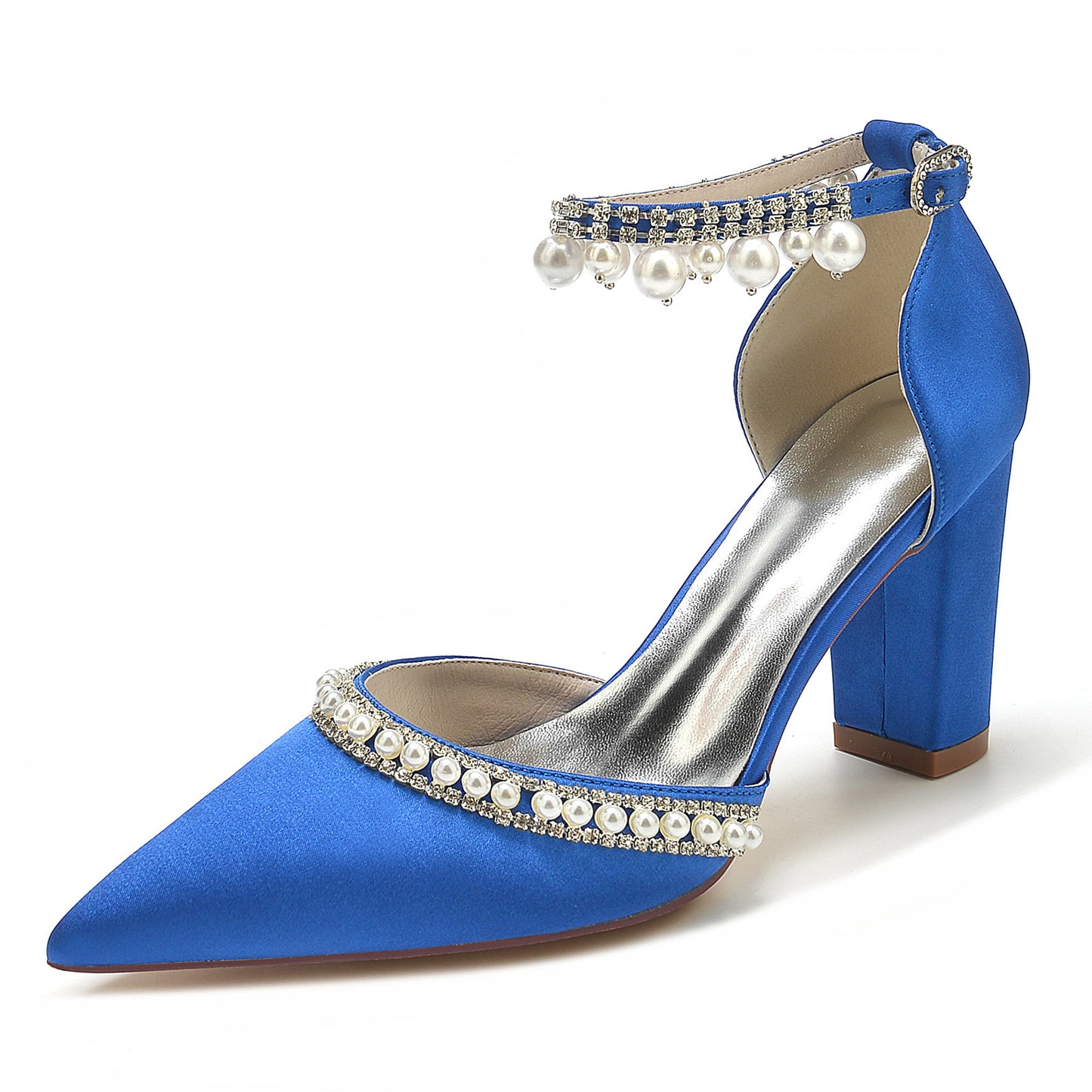 Pointed Toe Rhinestone Block Heel Satin Crystal Chain Pumps