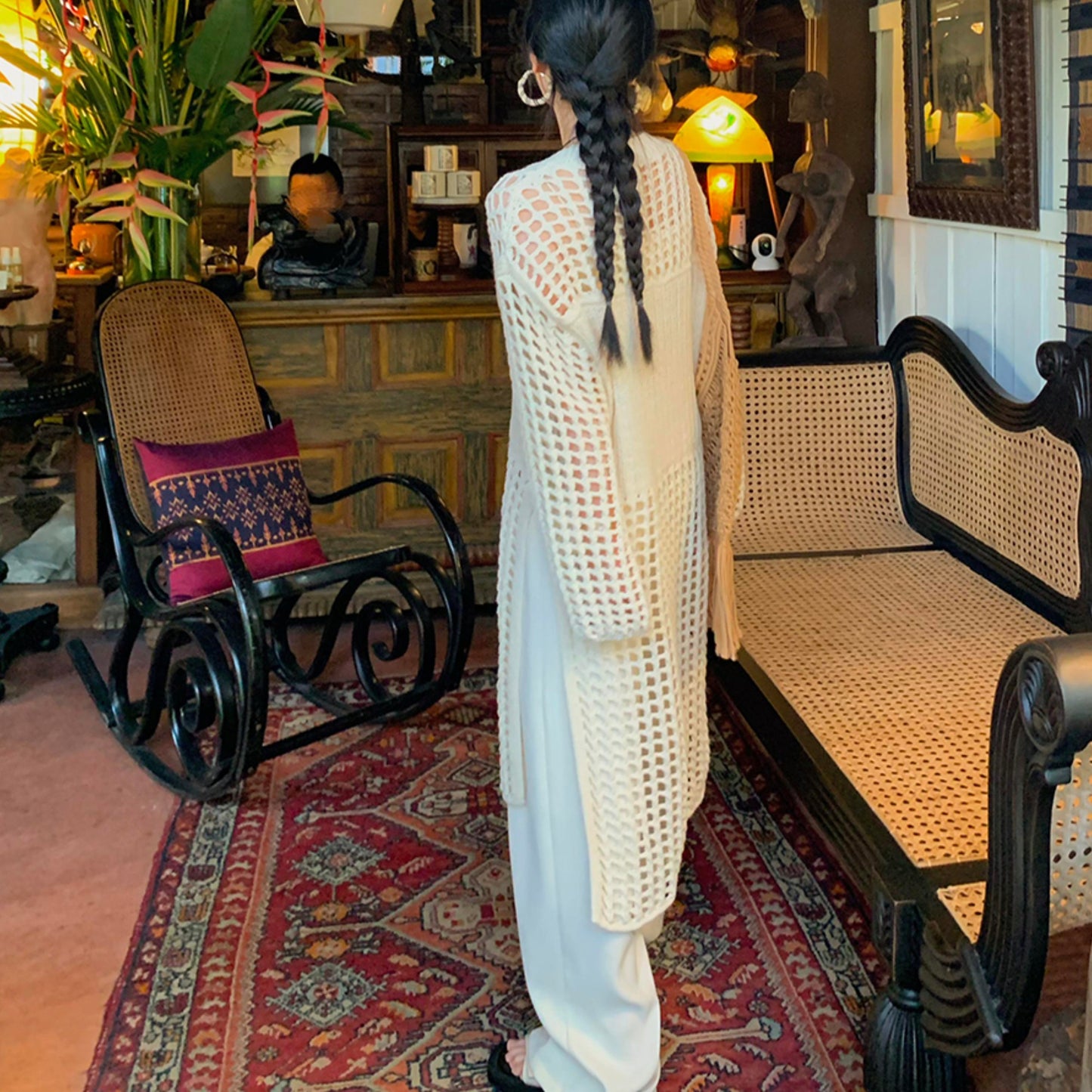 Elegant French Lace Knit Dress, Mandarin Collar Tunic For Layering, Resort Wear (China)