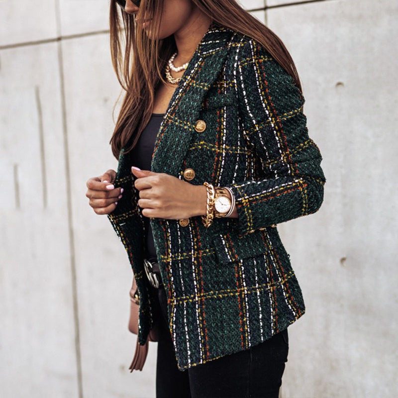 Women's Elegant Checkered Long Sleeve Blazer - Double-Breasted Printed Trench Coat For Fall&Winter, Office & Casual Jacket