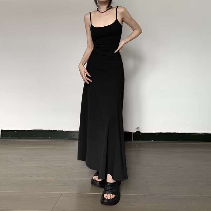 High-Waist Slimming Strap Dress, Solid Color Casual A-Line Knee-Length For Women (China)