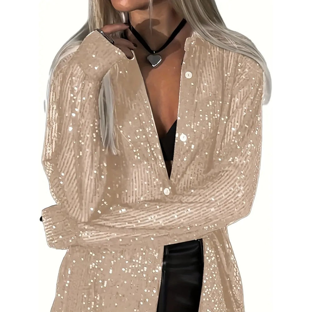 Elegant Women's Sequin Shirt - Stylish Long Sleeve Button-Up Blouse With Glitter Details, Perfect For Party & Casual To Formal Wear