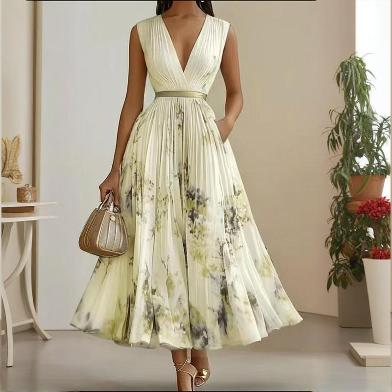 Women's Deep V-Neck Floral Print Sleeveless Maxi Dress With Pockets - Flowy Ruffle Hem Summer Beach Dress