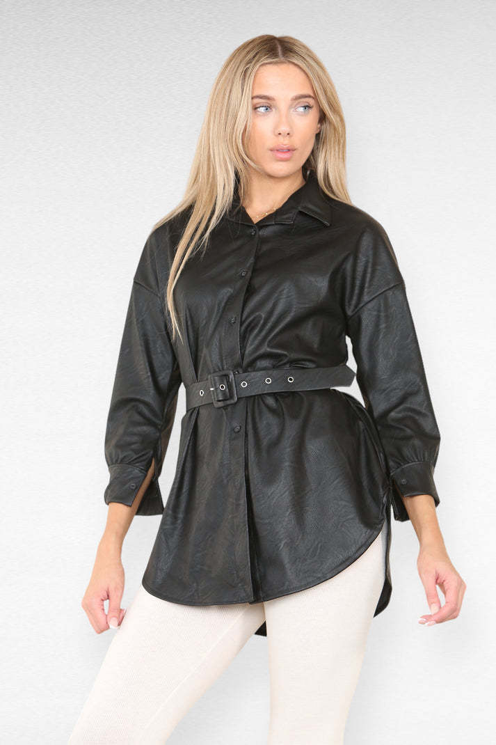 PU Faux Leather Belted Wet Look Shirt Dress (Britain)