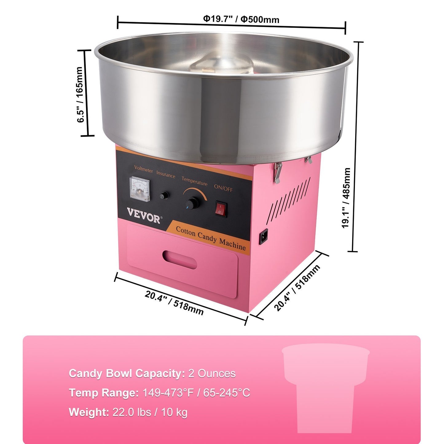 VEVOR Electric Cotton Candy Machine, 1000W Candy Floss Maker, Commercial Cotton Candy Machine With Stainless Steel Bowl, Sugar Scoop, And Drawer, Perfect For Home Kids Birthday, Family Party Pink