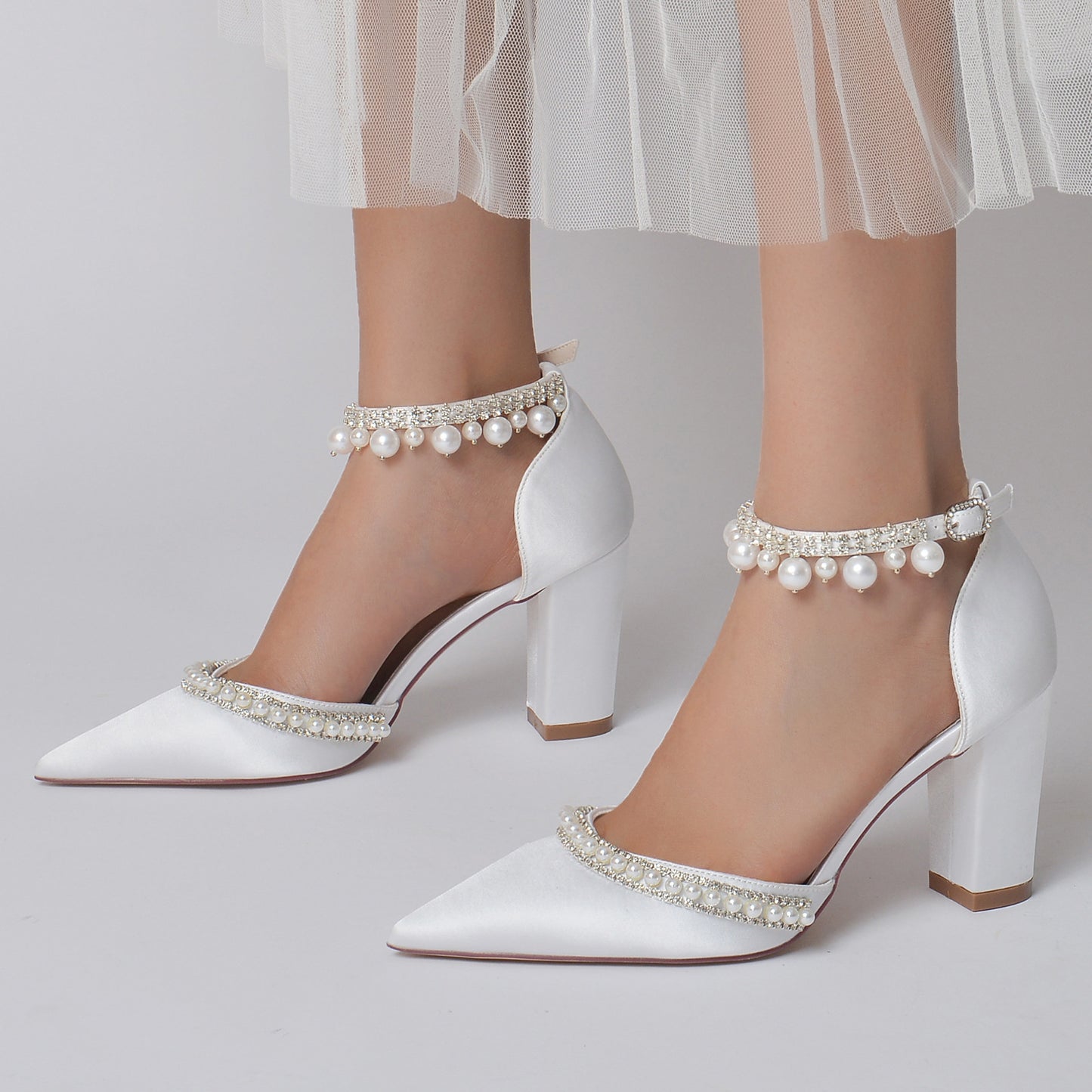 Pointed Toe Rhinestone Block Heel Satin Crystal Chain Pumps