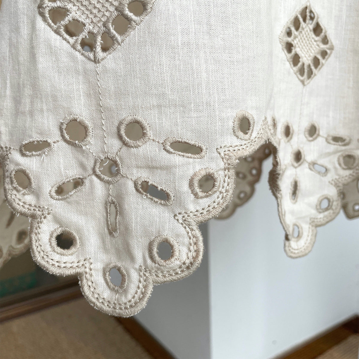 Retro Ethnic Travel Holiday Embroidered Long Dress, Hollow White Embroidered Dress, Linen V-neck Dress, Cotton Summer Cloth, Boho Maxi Dress (China)