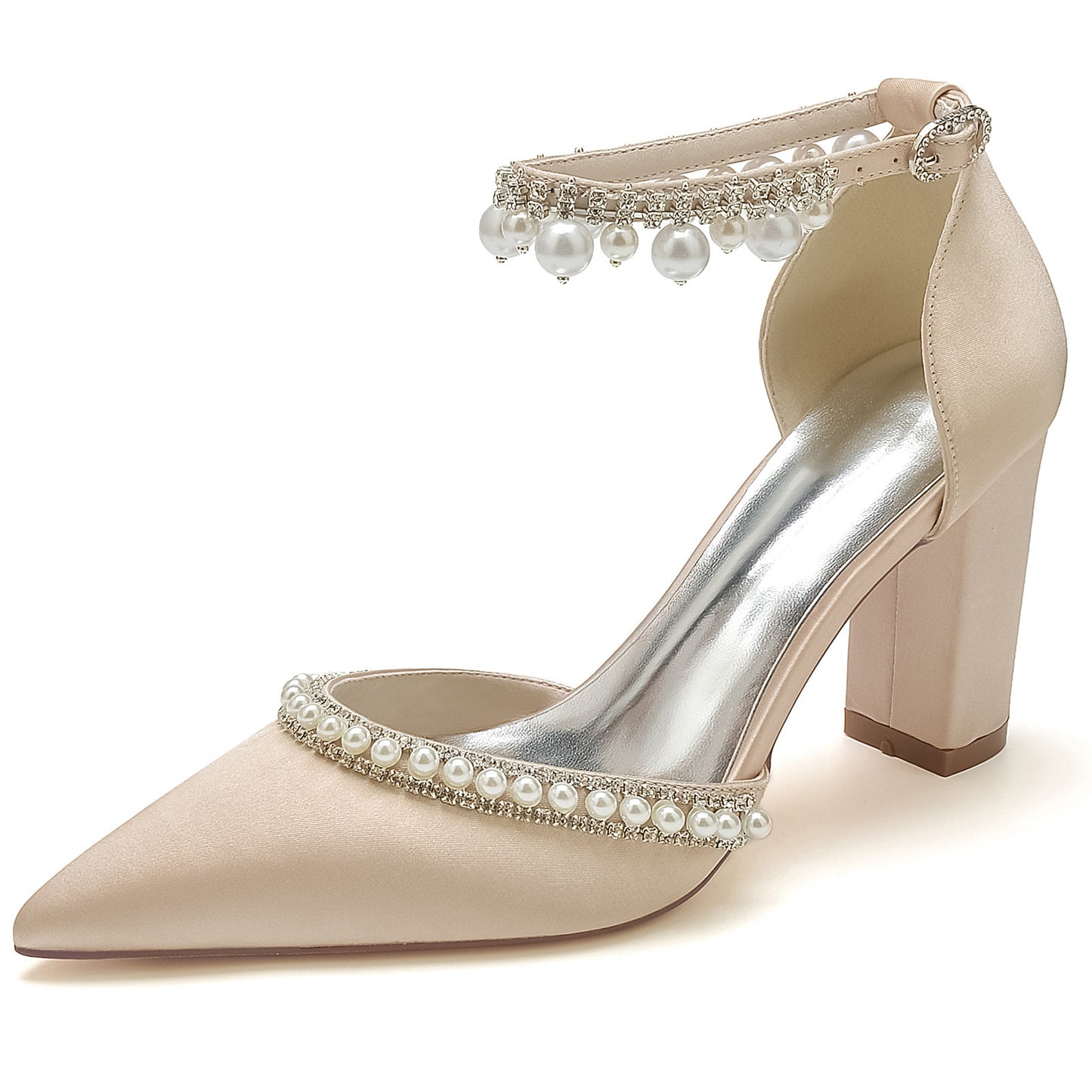 Pointed Toe Rhinestone Block Heel Satin Crystal Chain Pumps