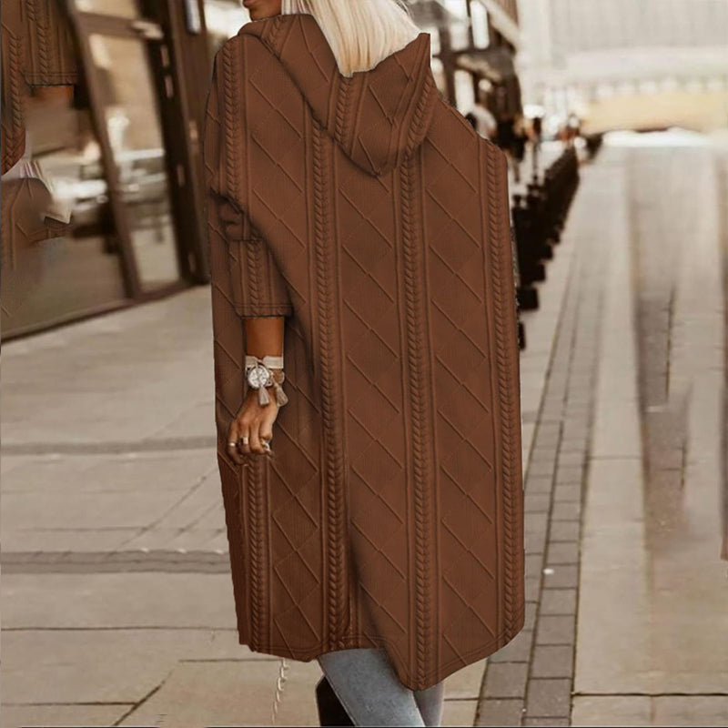 Women's Textured Hooded Longline Jacket, Solid Color Casual Oversized Top With Pockets For Fall & Winter